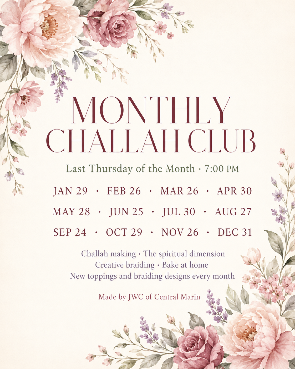 Monthly Challah Club calendar